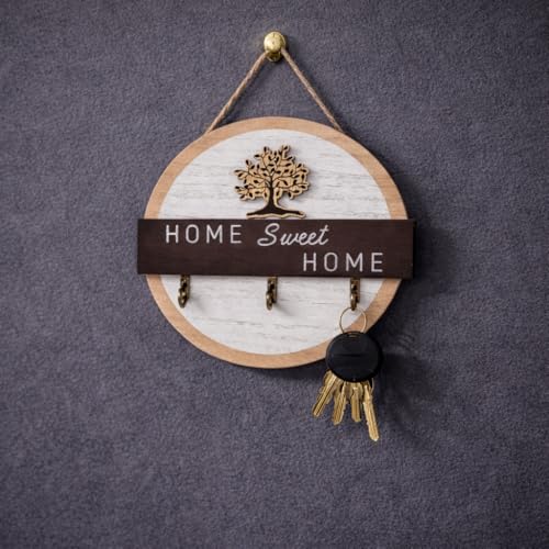 Image of CraftVatika Wooden Wall Key Holder with 3 Hooks, Round Decorative Key Rack with Tree Design, Wall Mounted Entryway Organizer for Home Entrance, Key Stand for Wall Decor, Housewarming Gift Item