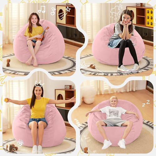 Image of HABUTWAY 2FT Bean Bag Chair, 2' Beanbags Small Bean Bag Chairs with Filling, Teardrop Bean Bag Chair Luxurious Velvet Ultra Soft Fur with Removable Cover (Pink)