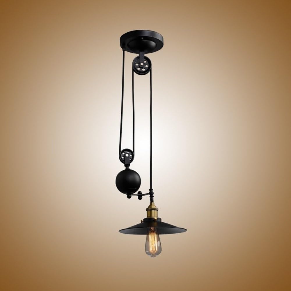 BLOOHK Industrial 3-Light Pulley Pendant Light, Adjustable Retro Iron Chandelier Black Lifting Hanging Lamp for Dining Room, Restaurant(Single Head)
