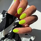 Neon Green Press on Nails Short Oval Acrylic Nails Press on, Solid Color Medium Short Oval Fake Nails for Women Reusable Thick Round Nails Glue on, Medium Almond Nails Soft Gel False Nails 24Pcs