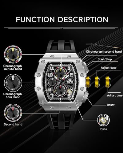 Image of TSAR BOMBA Men's Luxury Quartz Watch, Luminous Dial 5ATM Water Resistance Silicone Strap Men's Wristwatch Ideal Gift for Men