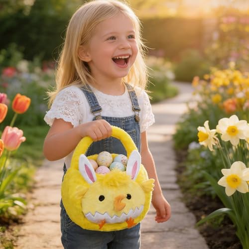 Image of 2026 Upgraded Plush Baskets EasterBasket, Easter Egg Hunt Buckets, EasterDecorations Indoor Outdoor, Cute Easter Giftsfor Kids, Adults, Teens, Toddlers, Girls(Yellow)