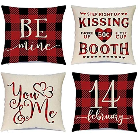 Ueerdand Valentines Day Pillow Covers 18x18 inch Set of 4 Valentine Decorations for Home Decor Red Black Buffalo Check Valentines Day Throw Pillows Decorative Cushion Cases Cover