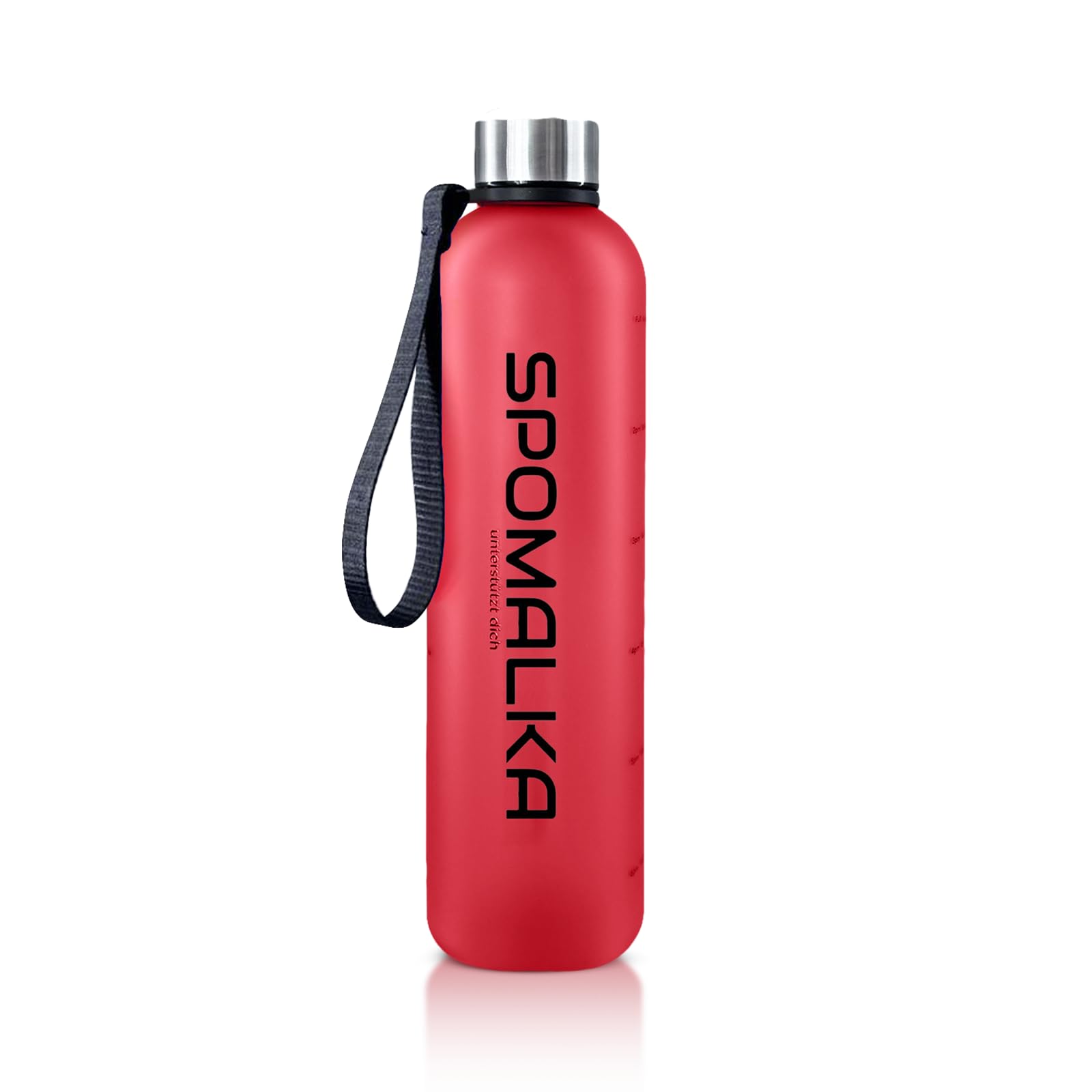 SPOMALKA Hochwertige Tritan Trinkflasche 1L BPA Frei - Auslaufsicher, Bruchsicher, Durchsichtig, Breite Öffnung, Leichtgewicht, Trageschlaufe, Trinkerinnerung, Volumenmarkierung & Motivation (Rot)