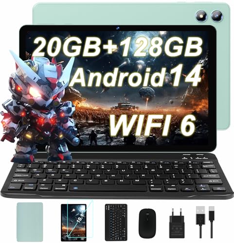 Newest Android 14 Tablet 10 Pulgadas, 20GB RAM + 128GB ROM (1TB TF), 5G+2.4G WiFi 6+ BT 5.0, Widevine L1, Octa-Core, 6000mAh, 1280*800 HD Pantalla, 5MP+8MP, Tablet con Teclado y Ratón - Arroyo Verde