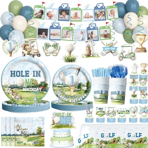 Fiesec Hole in One Birthday Decorations 194 PCs Golf First Tableware Supplies Boy 1st Birthday Decor Set with Napkins Plates Forks Cups Straws Balloons Banner Tablecloths Cake Cupcake Toppers