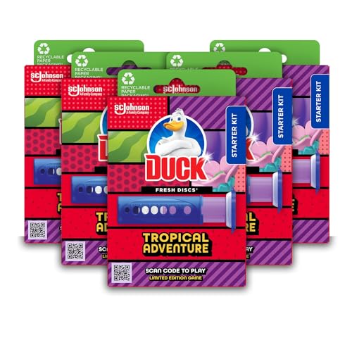 Duck Fresh Discs Toilet Cleaner Starter Kit Fights Stains That Harbour Germs Prevents Limescale Build Up Tropical Adventure Pack of 5 (Each Kit contains 1 Holder + 1 Refill Tube)