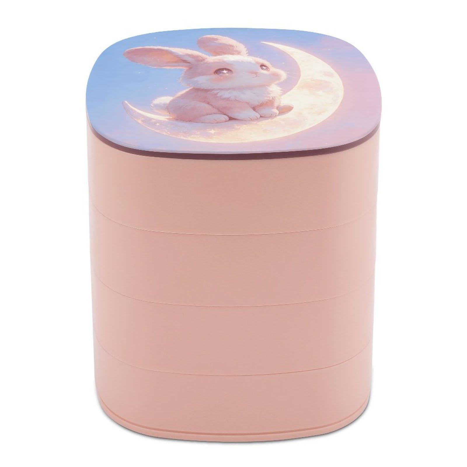 LZQPOEAS Pink Moon Bunny Jewelry Box Women Jewelry Organizer Travel Jewelry Case Cute Necklace Ring Storage Organizer 4-Layer Rotating Jewelry Tray Case with Mirror for Bracelets