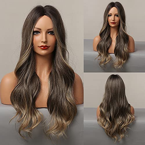Ombre Brown Mixed Blonde Wigs Long Wavy Wig Middle Part Wavy Wig for Daily Party Cosply Use