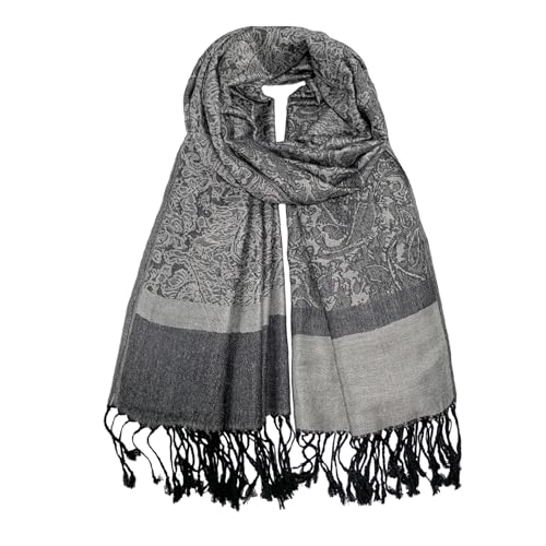 Wendyfull Pashmina Shawls and Wraps w/Fringe Two Tone Vintage Jacquard Paisley Rave Scarf for Weddings Festival (Gray)