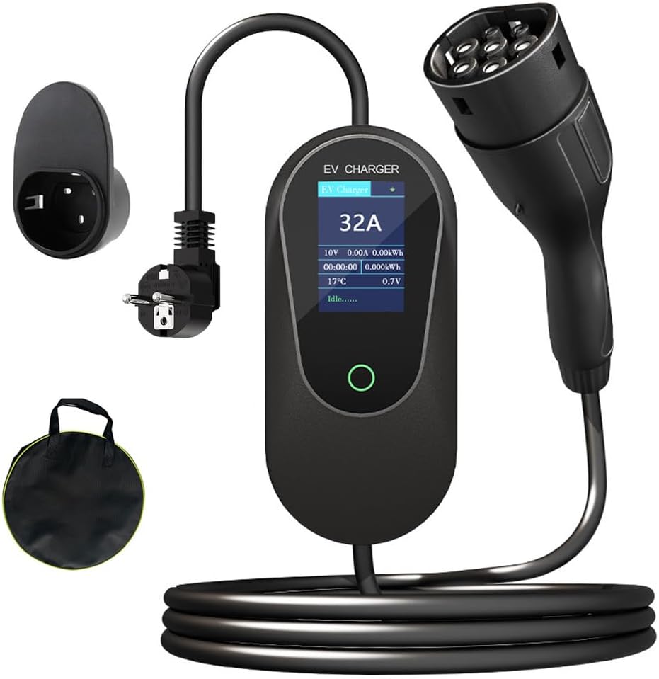 Cable de Carga Wallbox Tipo 2 3,5KW Corriente Ajustable (8/10/13/16A) Cargador de Coche eléctrico doméstico y portátil con Pantalla LED, retraso de Tiempo de 1-10 Horas y Bolsa,5m