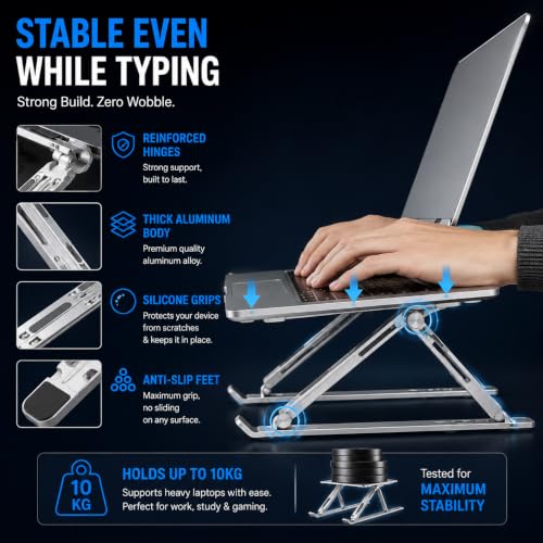 Image of Laptop Stand for HP, Dell, Asus, MacBook, Acer, Lenovo, Samsung Adjustable Foldable, Aluminum Notebook Stand with Anti-Slip Silicone Pads, Portable Laptop Riser for Office, Home, Study & Work