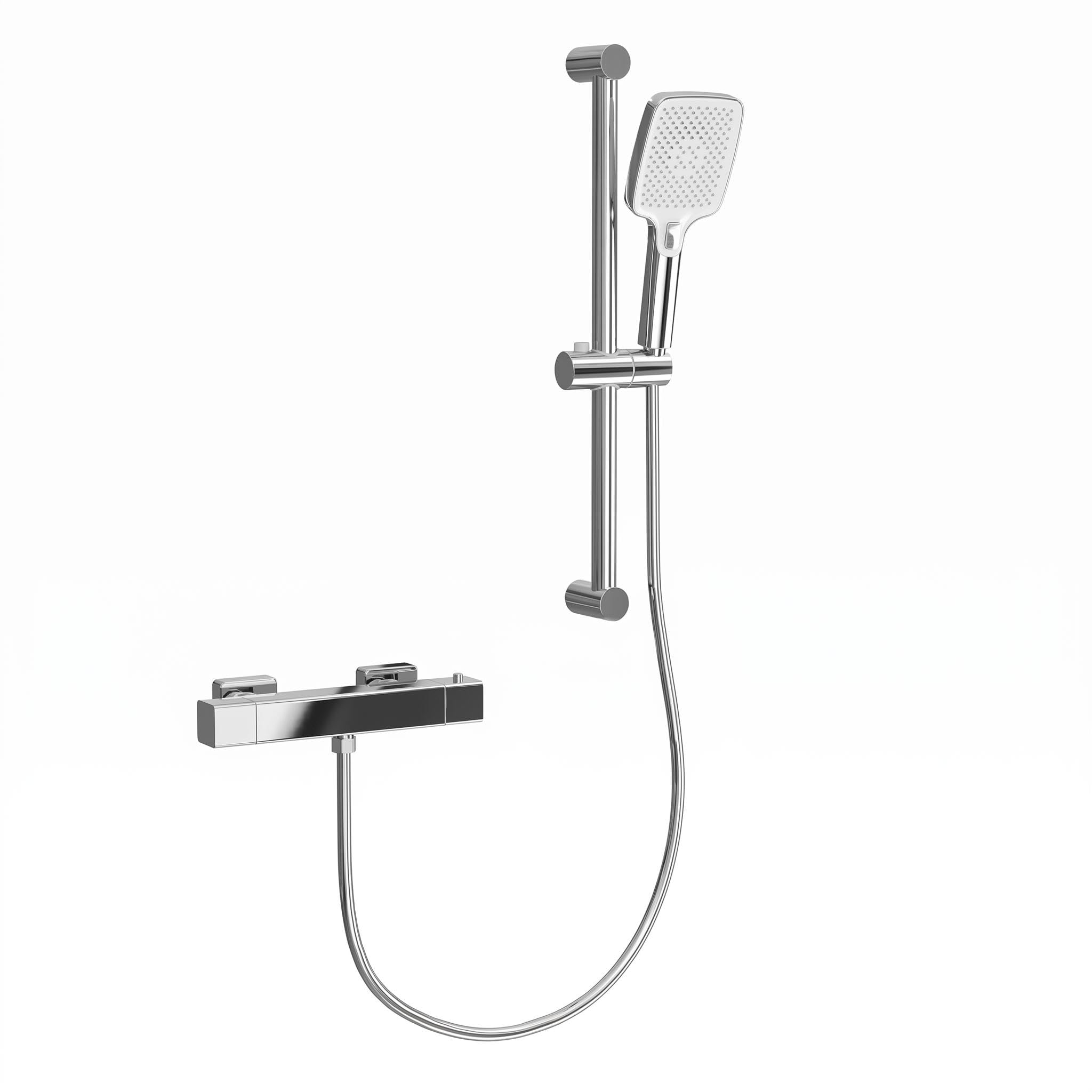Garvee Grifo termostático de ducha antiquemaduras con botón de seguridad de 38 °C, barra de ducha de acero inoxidable ajustable en altura, 3 funciones, manguera de 1,5 m, juego completo, salida