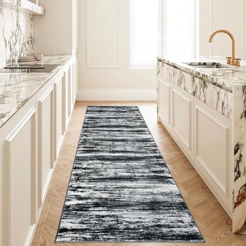 KOZYFLY 3x8 Area Rug Modern Ombre Area Rug for Bedroom, Washable Rug Non-Slip Soft Striped Living Room Rug, Black Navy Blue Grey Abstract Carpet for Laundry Nursery