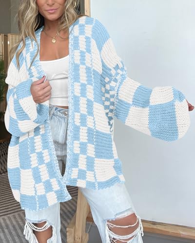 Image of BTFBM Casual Cardigan Sweater for Women Fall 2026 Long Sleeve Open Front Chunky Knit Sweaters Checkered Outwear Coat