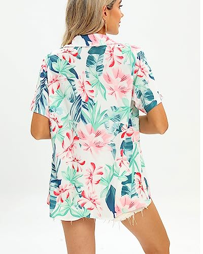 Womens Hawaiian Shirts Soft Cool Floral Print T-Shirt V Neck Short Sleeve Tropical Button Up Tops4