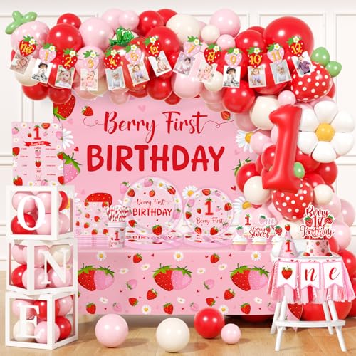 Berry First Birthday Decor Strawberry 1st Birthday Decorations for Girls Disposable Paper Plates Balloons Arch Napkin Cake Topper Backdrop Cup Tablecloth Banner for Strawberry Theme Party Supplies