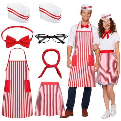 Yahenda 7 Pcs 1950s Waiter Couple Costume Halloween Retro Diner Waiter Costume Soda Jerk Ice Cream Outfit Kit with Apron Chef Hat Bow Tie Scarf Cat Eye Glasses for 50s Movie Night Cosplay Party