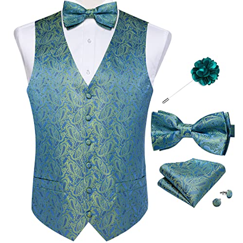 Image of DiBanGu Mens Paisley Suit Waistcoat,Silk Dress Vest and Bowtie Pocket Square Cufflinks with Lapel Pin Set for Wedding Tuxedo, Teal Green, Small