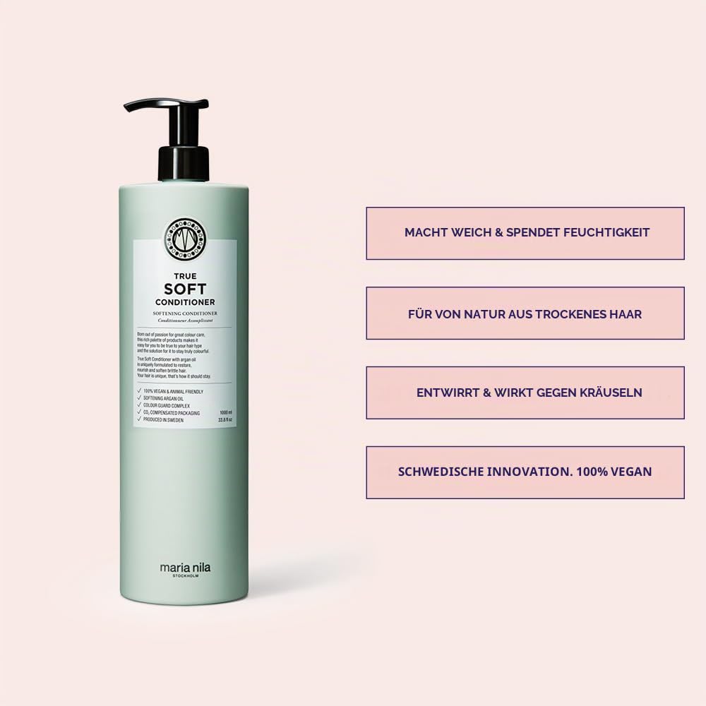 Maria Nila Pflegespülung trockenes Haar Damen, True Soft Conditioner mit Arganöl gegen Frizz, Haarspülung Frauen für coloriertes Haar mit Glanz und Geschmeidigkeit (vegan, sulfatfrei), 300 ml