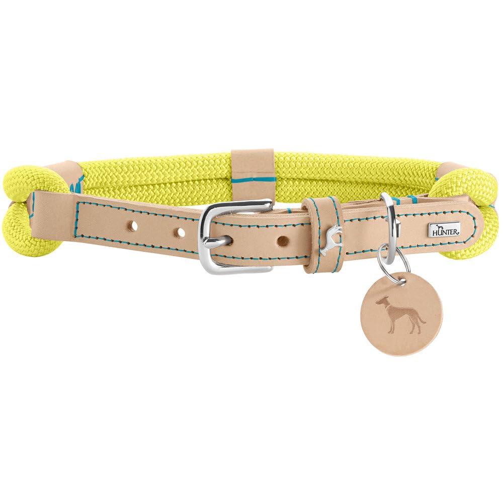 HUNTER Malia Dog Collar, Colour: Lime/Natural, Made of Soft Rope and Robust Leather, Lightweight, Durable
