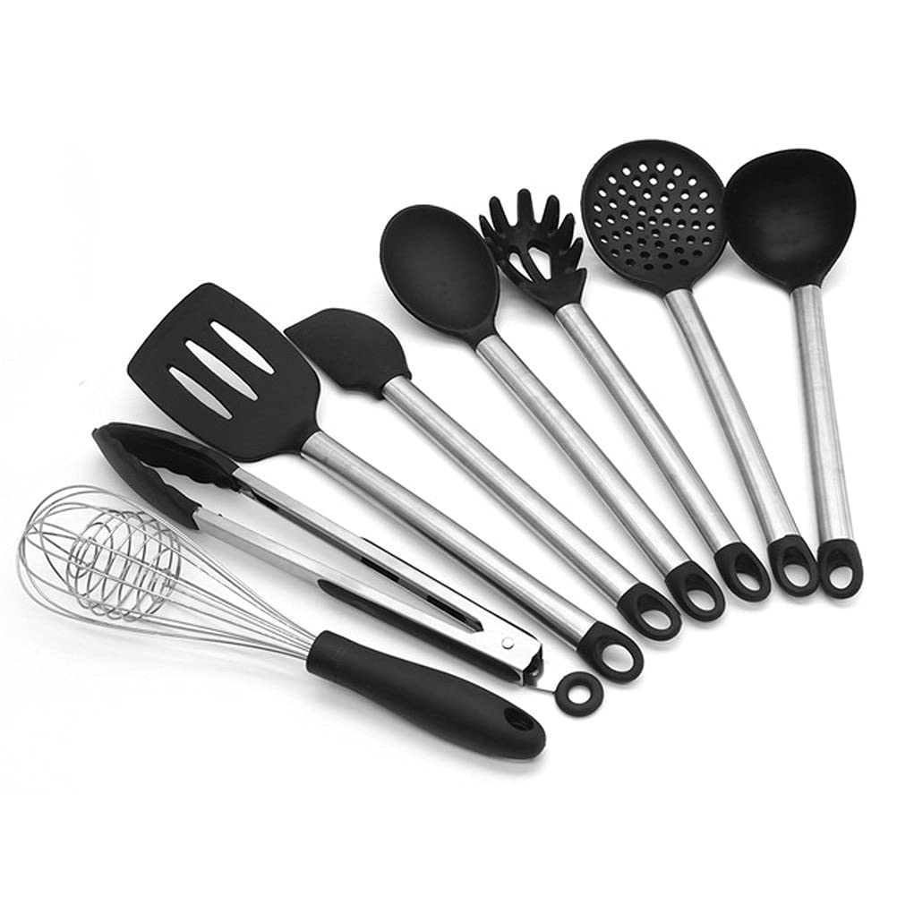 Set Di Utensili Da Cucina In Silicone 8 Pezzi Con Manico In Acciaio Inox - Antiaderente, Resistente Al Calore 250°C, Con Portautensili (Nero/Rosso)