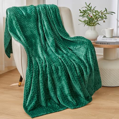 Rendile Coperta in pile di flanella, 150 x 200 cm, matrimoniale, 300 g/m², morbida trama jacquard con foglie, lussuosa, per letto e divano, verde foresta