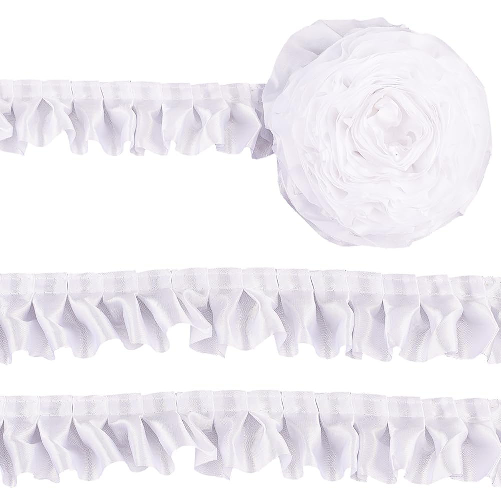 GORGECRAFT 10.9 Yards Satin Pleated Ruffle Ribbon Fabric Lace Edge Trims 10.9 Yards Polyester Lace Trim Ribbon 1-5/8 Inch Wide Gather Edge Fringe