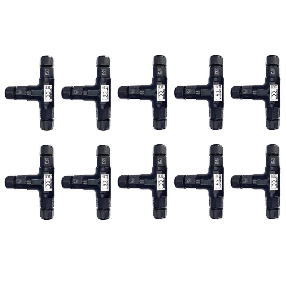Connettore a T Impermeabile IP68 2 Poli 0,5-2,5 mm² 16A 250V - Connettore Stagno Manicotto Ø6,5-11 mm, 10 pezzi - Connettori Elettrici per Cavi Esterni, Illuminazione LED, Giardino - Horoz Electric