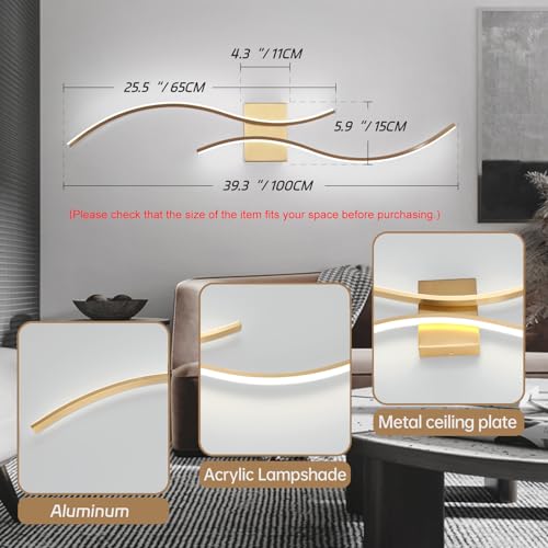 Image of CANEOE Modern Led Wall Light Set of Two, 39inch Gold Indoor Led Wall Sconce Lighting, Bathroom Vanity Light Fixtures Over Mirror for Living Room Hallway Bedroom Bedside Wall Lamp (Gold,6000K,2 Packs)