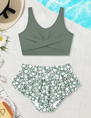 Image of Qaoerde Girls Swimsuit Tropical Print Bikini Set with Ruffle Hem Two Piece Criss Cross Bathing Suits for Girls 7-16 Years