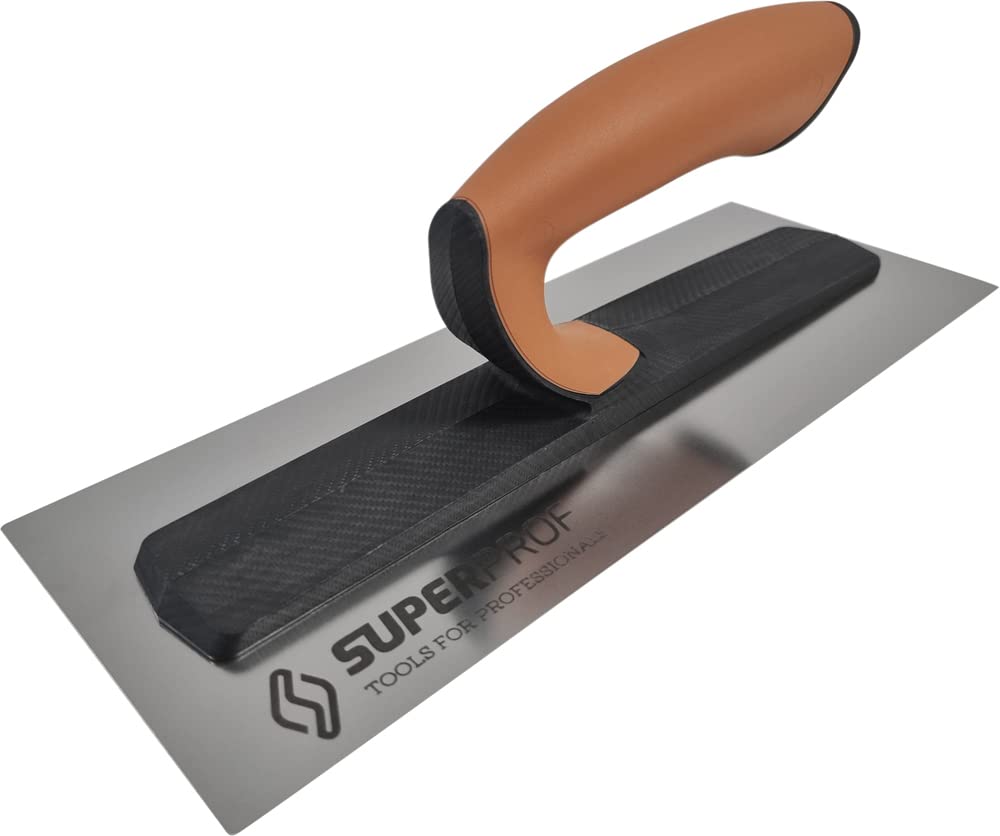 Super Prof by Maurerfreund, Comfort-Glättekelle, Extraleichte Carbon-Stütze mit Softgriff, Robustes Edelstahl-Blatt 0,7mm (355mm)