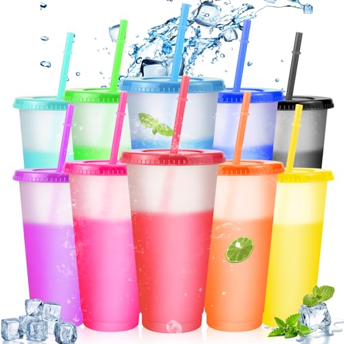 Lot de 10 gobelets réutilisables en plastique de 710 ml avec couvercles et pailles – Gobelets à changement d'couleur à l'eau glacée en vrac sans BPA pour...