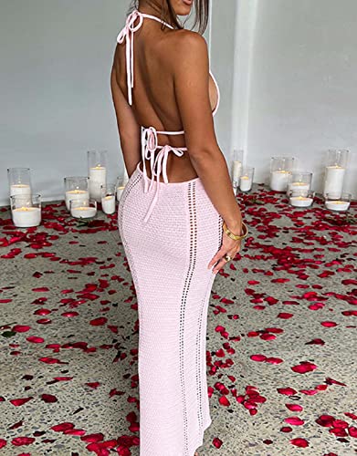 Image of NUFIWI Women Backless Hollow Out Long Dress Sexy Knitted Maxi Dress Bodycon Spaghetti Strap Cocktail Party Midi Dress