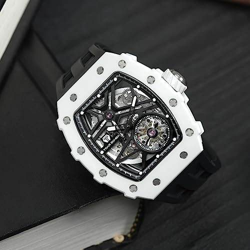 Image of TSAR BOMBA Men's Automatic Watch Tonneau Luxury Skeleton Watches for Men Mechanical 50M Waterproof Analogue Watches Mens Unique Cool Square Big Face Dial Wristwatch with Silicone Strap Band