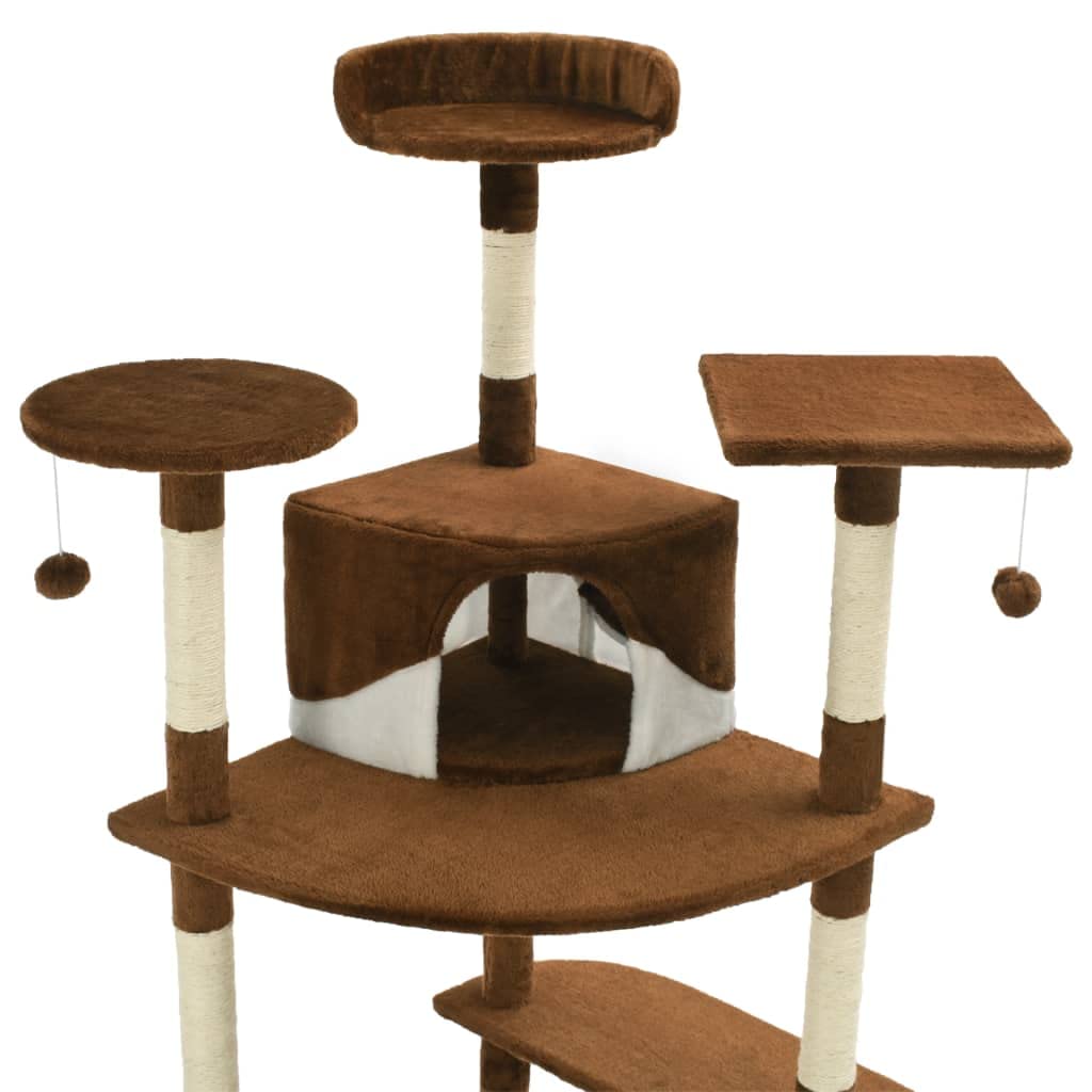 Rascador para gatos con columnas rascadoras de sisal, 203 cm, color marrón y blanco | Parque infantil de varios pisos, marco tapizado de felpa, 2 hamacas, casas escondidas para apartamento