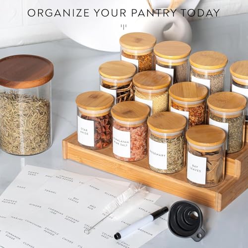 Image of VILON 6oz(220ml) 12-Pack Glass Jars Set, Cylinder Spice Jars with Bamboo Lids and Labels, Food Storage Container Canisters for Home Kitchen, Spice, Herbs, Seasoning, Seed, Tea, Sugar, Salt