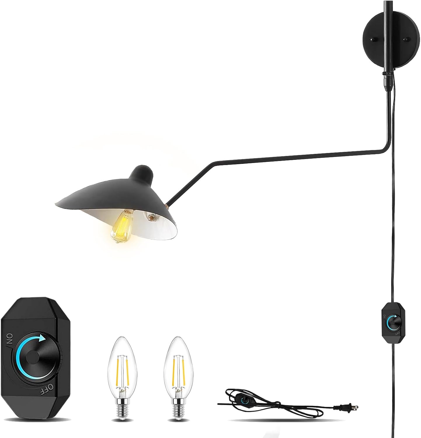 Wall Sconces, 3000K Vintage Plug-In Wall Sconces, Dimmable Hardwired Wall Lamp or Wireless Sconces,Wall Arm Wall Plug in Sconces for Bedroom,Living Room,Home Office,Mid Century Modern Lamp