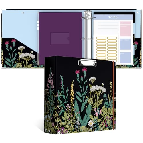 Image of 3 Ring Binder, 3 Inches Round Ring Binder with Clipboard, Dividers Tabs, PVC Zipper Bag Sleeves & to Do List Planners for Women, Men, School, Office Supplies, Wild Flower