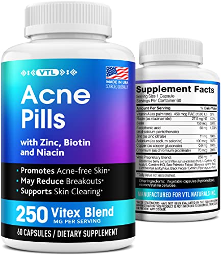 Acne Pills Natural Cystic Acne Treatment - Made in USA - with Zinc, Biotin & Niacin - Prevents Hormonal Acne - Perfect Face, Body and Back Acne Treatment - Acne Vitamin Supplement - 60 caps