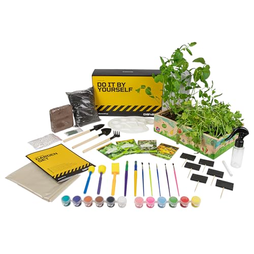 DIBYS Set Giardino Bambini | Set Completo per il Giardinaggio con Semi di Fiori per Tè, Attrezzi in Legno, Terra, Colori e Scatola da Decorare | Idea Regalo | Set di Piante | Kit Giardinaggio