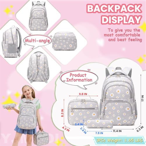 YJMKOI 3Pcs Daisy Prints Backpack for Girls Middle-School Elementary Students Bookbag Set with Lunch Box (Pink)2