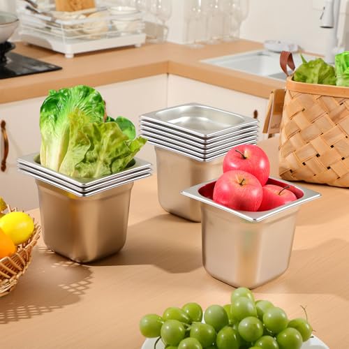 Image of Thenshop 10 Pack 1 /6 Size 6 Inch Deep Hotel Pans Stainless Steel Steam Table Food Pan Commercial Metal Food Catering Tray Anti Jam for Hotel Restaurant Buffet Party Supplies(European)