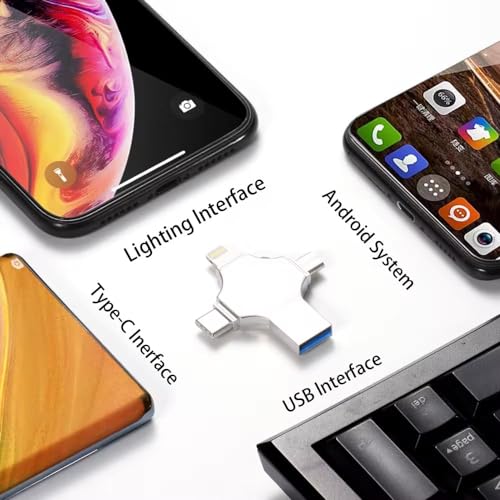 Image of TECHNOVIEW Flash Drive 64GB 4 in 1 Pendrive with Light-ning, Micro USB, USB A, Type-C Interface Mini Hangable Pen Drive for iOS & Android Compatible with Phone, Pad, Android, PC and More Devices