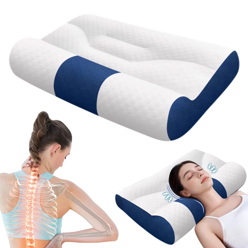 Sleep Enhancing Cervical Support Comfort Goose Memory Foam, Sleep Aid Neck Pillow for Side Back Stomach Sleeper Adults Slleep Enhancing Pillows, Ergonomic Goose Down Pillow (Blue, Medium)