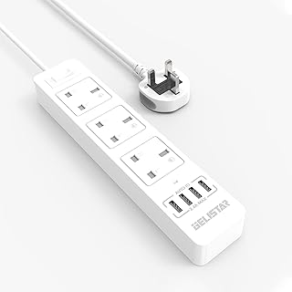 Extension Lead with USB Slots, Power Strips with 3 Way Outlets 4 USB Ports Smart Charging Station Child Safety Surge Protection Plug Extension Socket with 1.8 Meter Extension Cords for Home Office