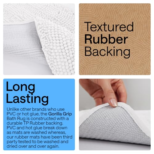 Image of GORILLA GRIP Bathroom Rug Sets 3 Piece, Bath Mat Set and Oval Toilet Base with Rubber Backing, Plush Absorbent Shaggy Chenille Washable Mats, Includes 24x19.5, 24x17 and 30x20 Inch Rugs, White