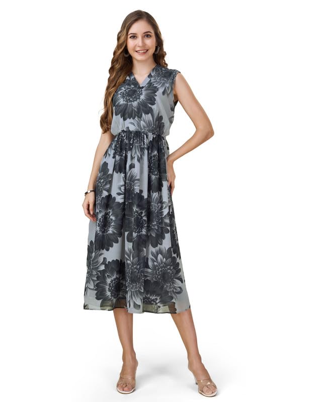 Image of MOJILAA Women's Georgette Floral Printed Gathered Dress