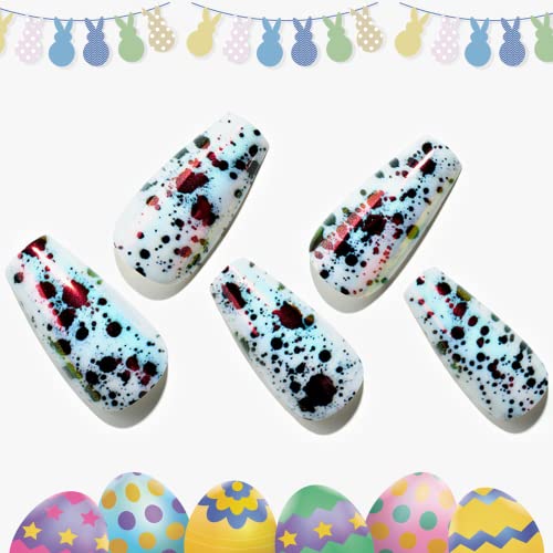 Easter Press on Nails Coffin, GLAMERMAID White Glue on Nails for Easter Gift | False Nail Kits with Eggshell Spots Design, Fake Nails Short, Acrylic Stick on Nails Sets for Women Gift