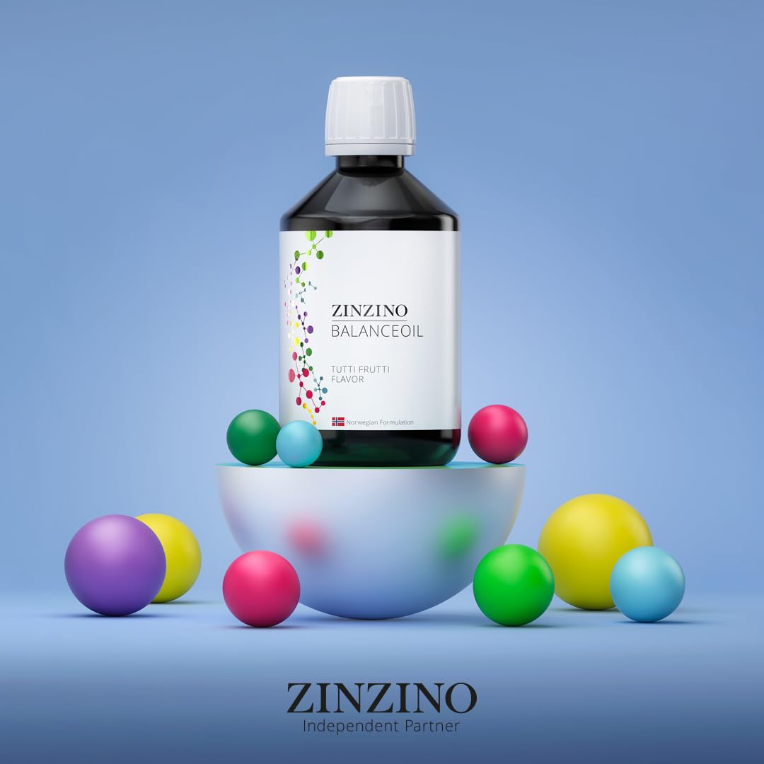 ZinZino BalanceOil olej rybny z Omega-3 1033 mg, Omega-9, witamina D3, tokoferol, DHA, EPA o smaku Tutti Frutti z oliwą z oliwek, 300 ml